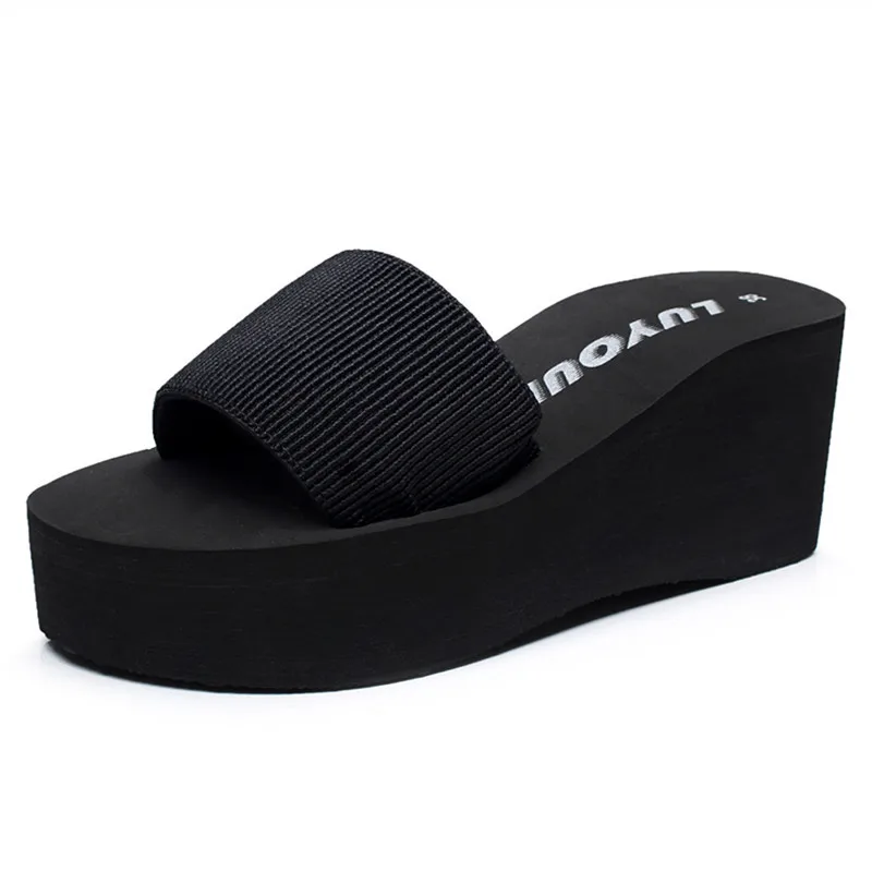 

Summer Ladies Platform Sandals High Heel Soft Women's Shoes Fashion Beach Non-slip Comfortable Flip Flops Solid Color Slippers