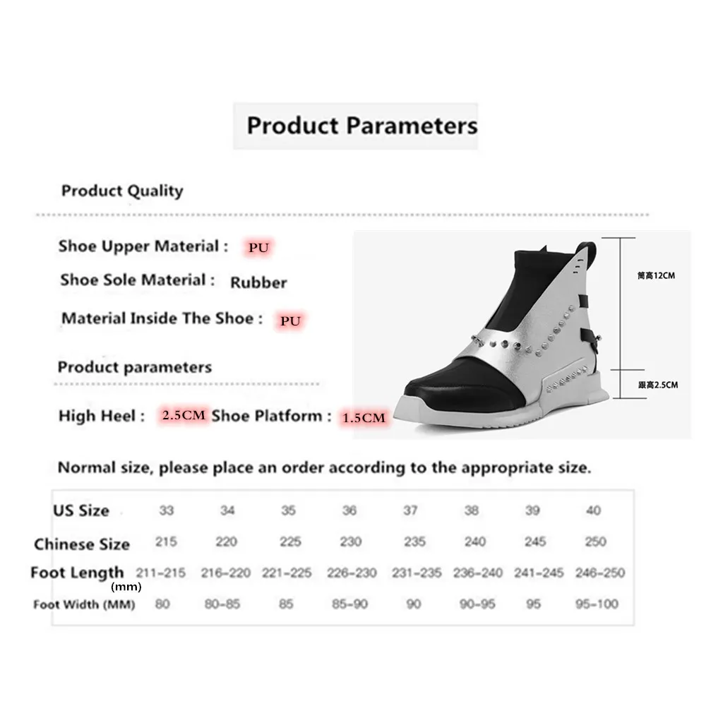 

Leisure Leather Women's Vulcanize Shoes Fashion Metal Rivet Platform Boots Punk Street Patchwork Breathable High Heels Zapatos