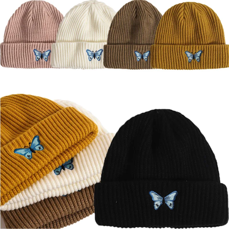 Вязаные шапки с вышивкой бабочками для детей, однотонные теплые осенне-зимние шапки для девочек и мальчиков, шапки, облегающие шапки