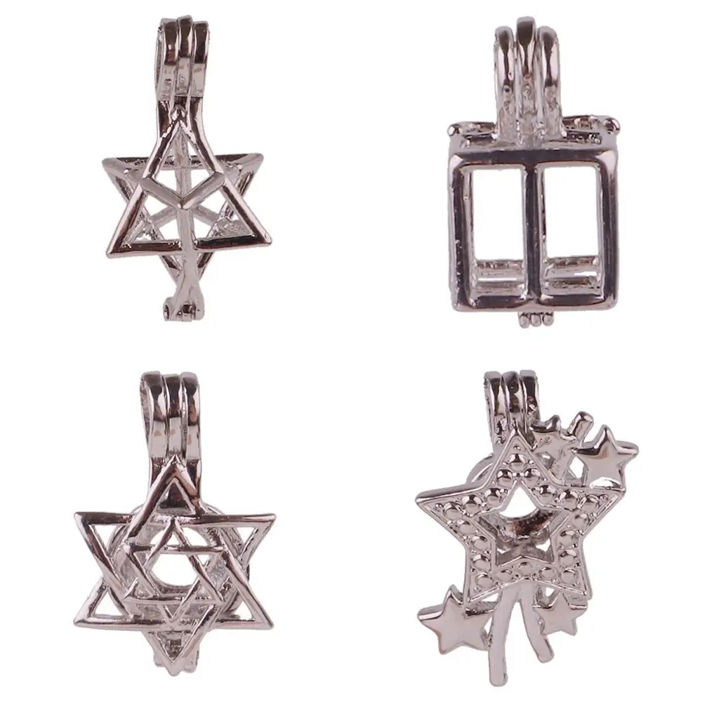 

10pcs Silver Color Triangle Square Hexagonal Stars Stone Pearl Cage Locket Pendant Charms Party Essential Oil Perfume Diffuser