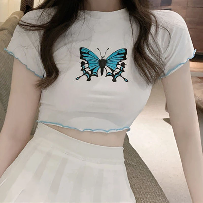 

Y2k Butterfly Print T Shirts 2021 Fashion Goth Alt Clothes Aesthetic E Girl Cropped Top Female MINGLIUSILI Sexy Baby Tee Shirt