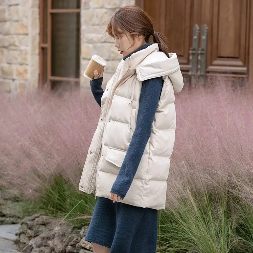 

Black Beige Hooded Cotton Down Vest Women Casual Warm Overcoat Femme Plus Size Sleelveless Jacket Woman Outerwear Waistcoat