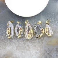 1pcs natural geode agate slice pendants golded edge inlay stones irregular quartz slab necklace diy jewelry making accessories