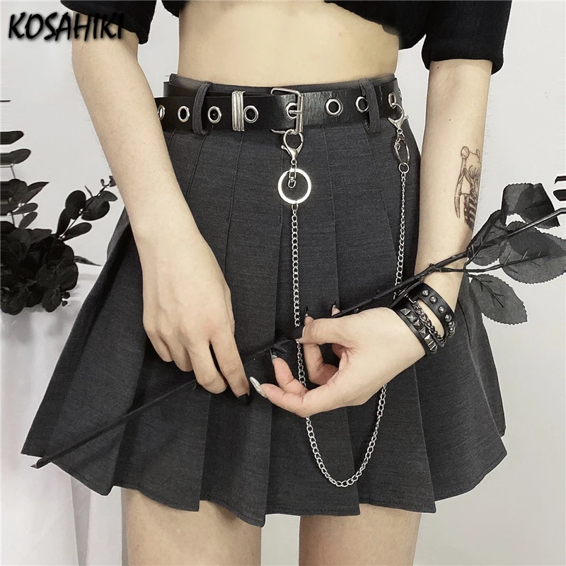 

KOSAHIKI Black Gothic Mini Skirt with Belt Chain Pleated High Street Fashion Punk Crop Skirt Lady Zipper Saia Sashes Mujer