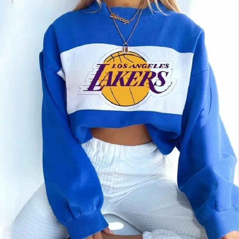 

White Blue Contrast Letter Printed Sport Sweatshirt Women Crewneck Loose Plus Size Loog Sleeve Thin Winter Tops New Band Fashion