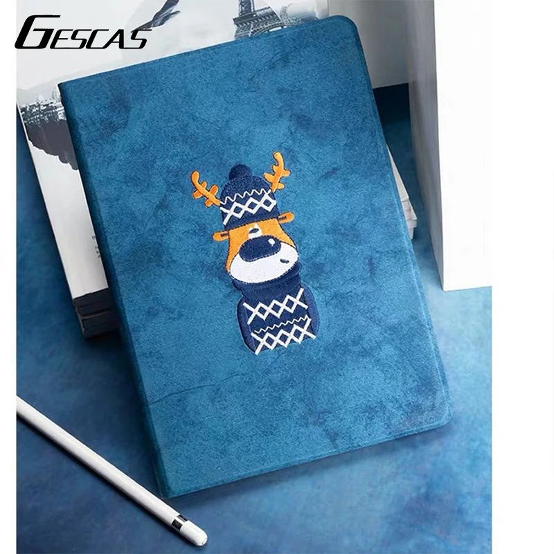 

GESCAS Faux Leather Case For IOS Pad Mini 1/2/3/4/5 9.7 10.2 10.5 11 2018 2020 Cartoon Embroidery Full Cover Tablet Case