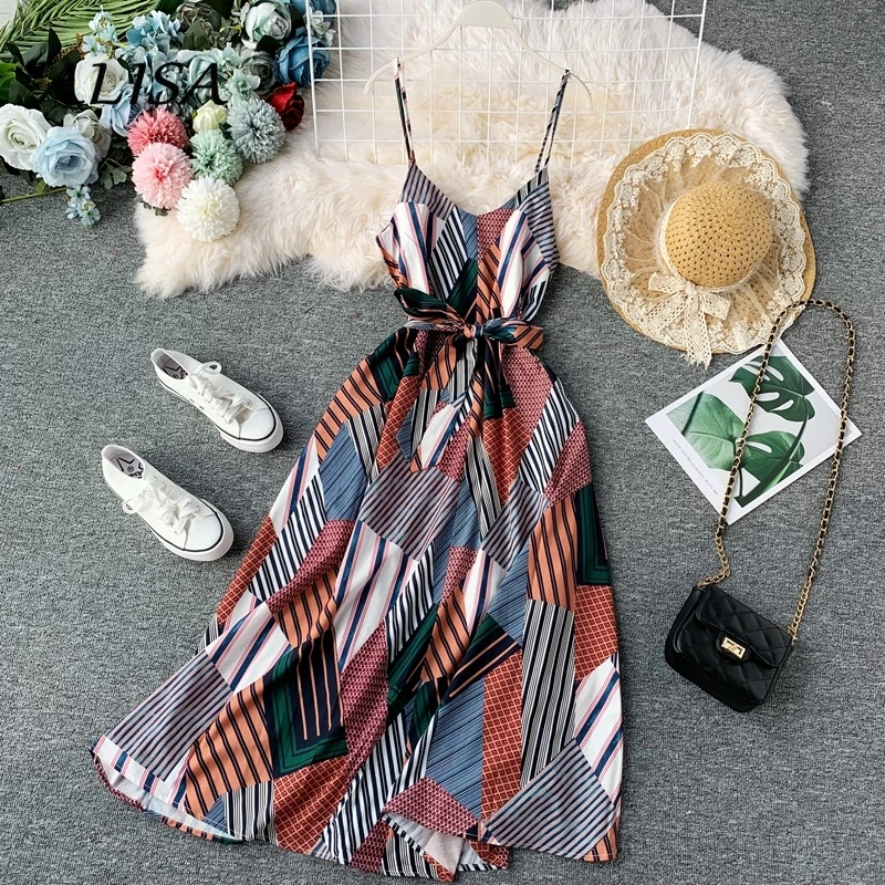 

Women Retro Print Chiffon Dress New 2020 Summer Spaghetti Strap Sexy V-neck Beach Dresses Lady Boho With Belt Long Robe Vestido