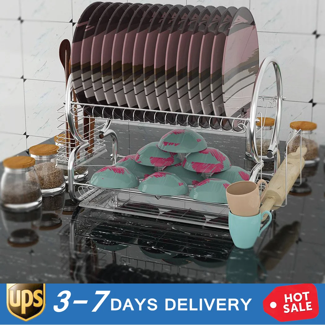 

Home Kitchen 2 Tier Dish Rack Space Saver Dish Drainer Drying Rack Holder Plates Cup Tableware Bowl Shelf Basket kitchen shelf o