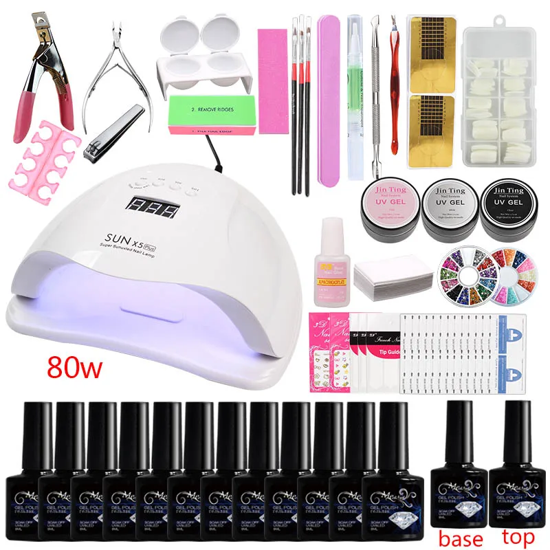 Набор для маникюра с акриловым набором для ногтей, сушилкой для лампы UV LED 36w / 48w / 80w, поли гелевой эмалью, расширительными кистями и инструментами.