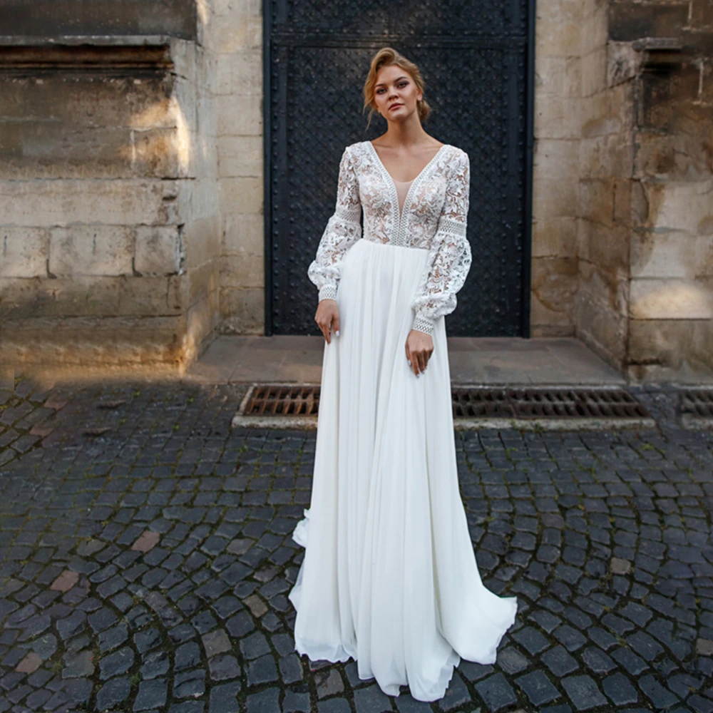 

Белое шифоновое свадебное платье для невесты, свадебное платье в богемном пляжном стиле, с рукавами, длиной до пола, со шнуровкой сзади, трап...