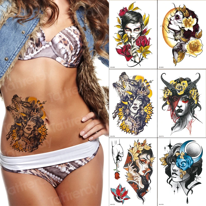 

6 шт./лот, цветные японские гейши, воплощение красоты, Временные татуировки, стикер, водонепроницаемая поддельная татуировка на руку, рукав, ...