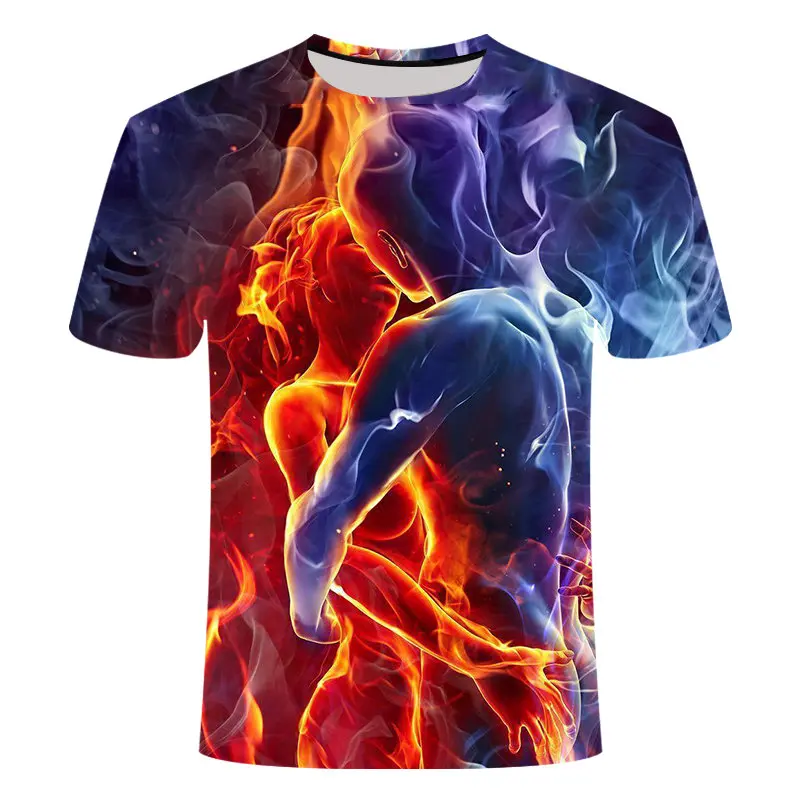 

Flame 3D printing men's advanced short-sleeved T-shirt round neck top