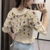 Zoulv 2020 NewV Neck Knitted Sweater Pullover Casual Women Flower Embroidery Knitted Sweater Color Layered Decorative Sweater