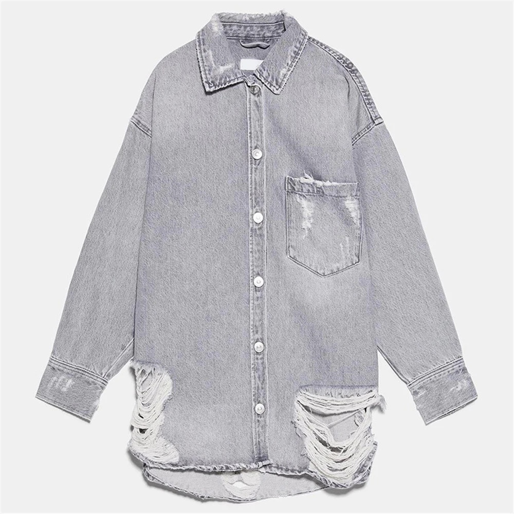 

2020 ZA Fashion Women Denim Jacket Casual Coat Hole Manually Worn Out Vintage Loose Shirt Statement Street Autumn Winter Blazer