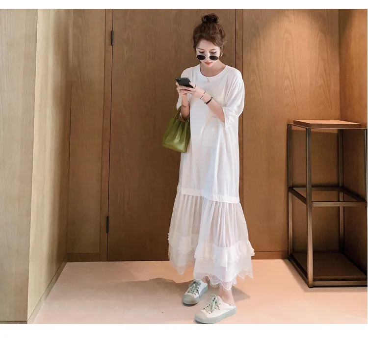 

2021 Summer New Women Short Sleeve O-neck Loose Casual Long White Fishtail Dress Female Elegant Plus Size Korean Maxi Dresses