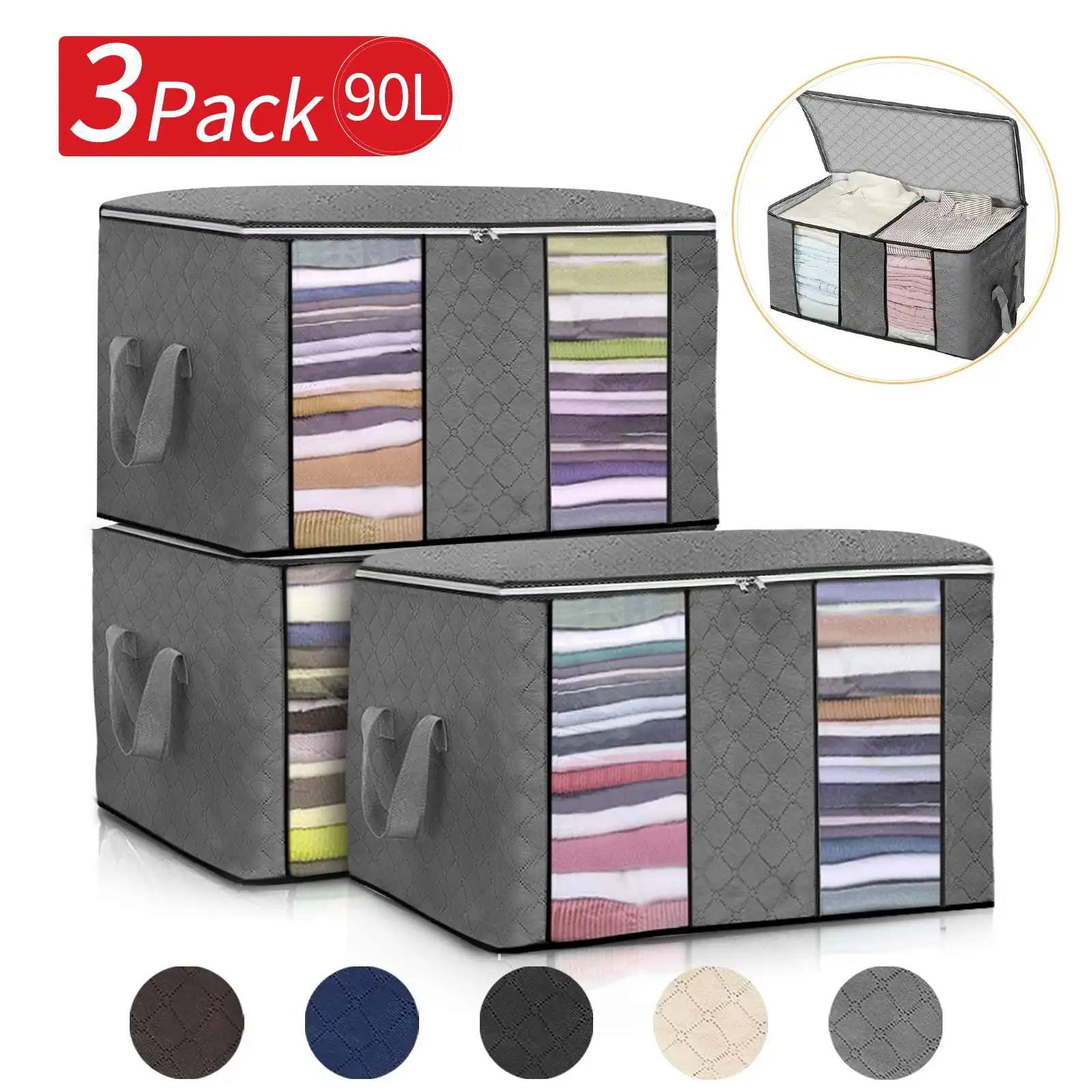 

90L 3pcs/set Large Capacity Clothes Storage Bag Home Organizer Foldable with Reinforced Handle for Comforters Blankets Bedding
