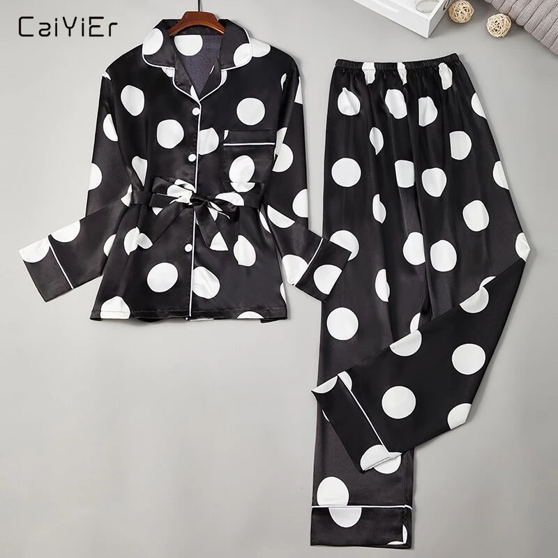 CAIYIER Autumn Winter New Women Faux Silk Pajamas Set 2Pcs Satin Stripes Polka Dot Printed Long Sleeve Night-Robe Sexy Sleepwear
