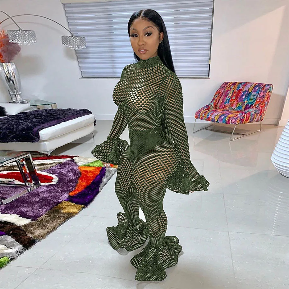 HAOYUAN Sexy Fishnet Sheer Rompers Womens Jumpsuit Long Sleeve Bodycon Overalls Festival Clothing Fall Club One Piece Jumpsuit