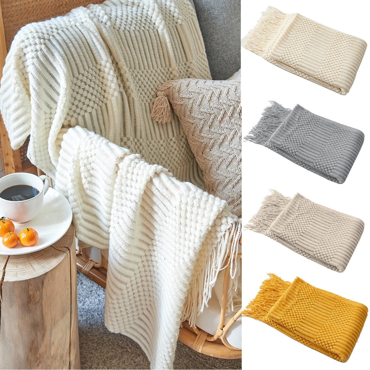 

Nordic Knitted Blanket Bed Sofa Throw Blanket With Tassels Solid Colour Leisure Shawl Blanket Travel Air Conditioning Blankets