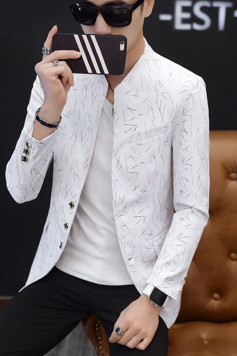 

HOO 2021 Men 's Spring Casual Collar Blazers Youth Handsome Trend Slim Print Blazers Male suit Dress Suit Jacket Coats Luxury