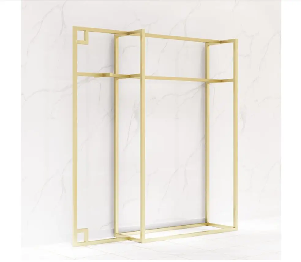 

New gold clothing store display rack, men's and women's clothing store decoration display shelf floor type side hanging combinat
