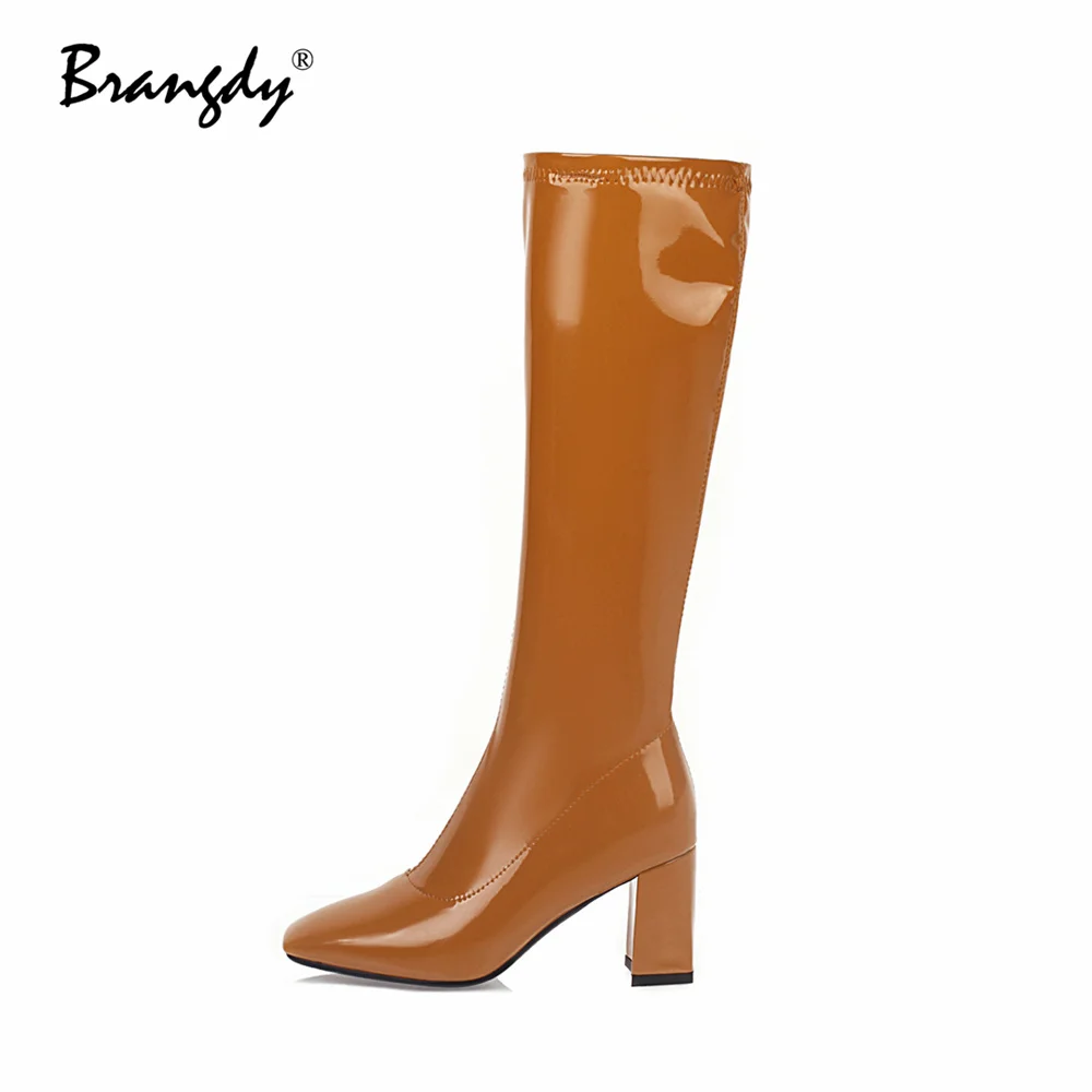 Brangdy 2022 Women Knee Hight Boots PU Leather Fashion Women Shoes Square Toe Zipper Women Winter Knight Boots 6 cm Square Heels