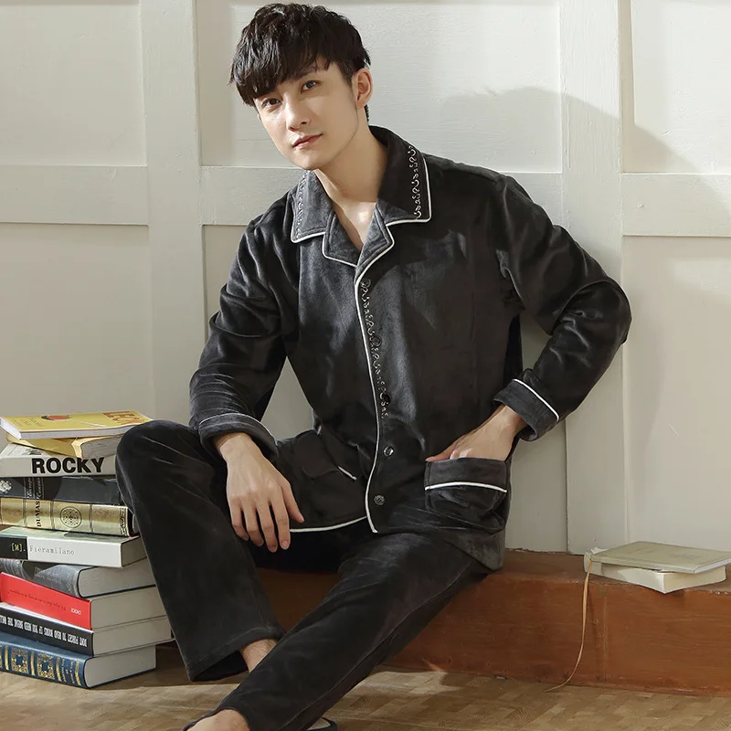 

Пижама из кораллового флиса мужская осенне-зимняя теплая плотная фланелевая Корейская одежда мужские зимние островные флисовые топы для о...