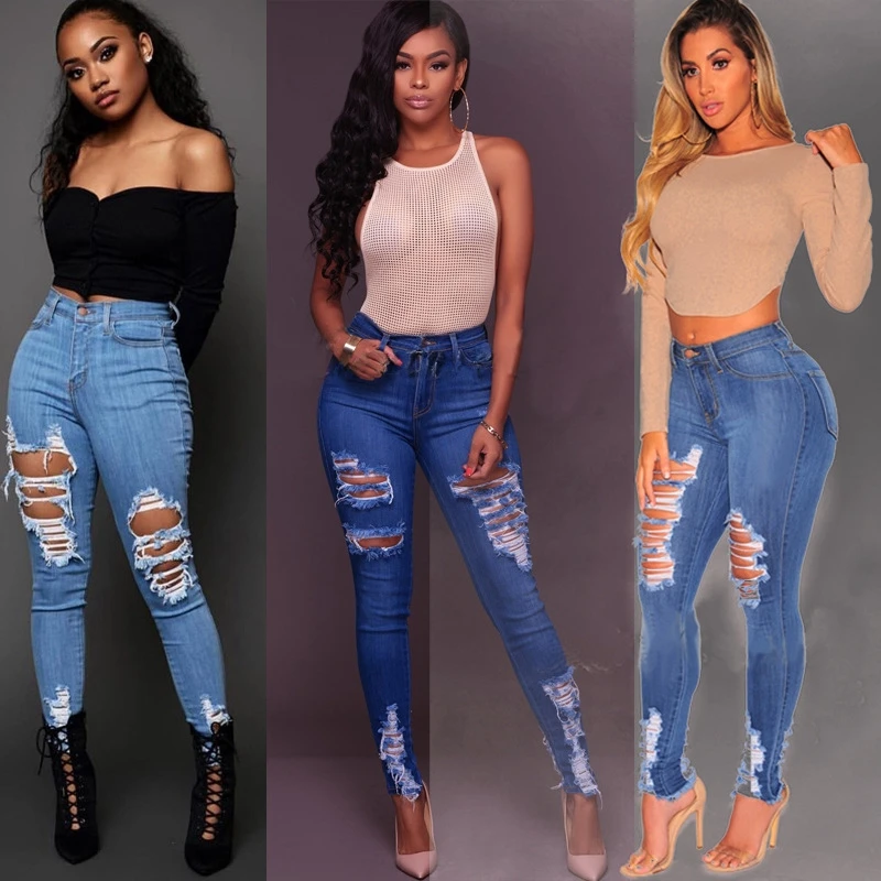 

2020 New Summer Fashion Ripped Hole Jeans Women Destroyed Cool Denim High Waist Skinny Jeans Ladies Slim Pencil Pants Mom jeans
