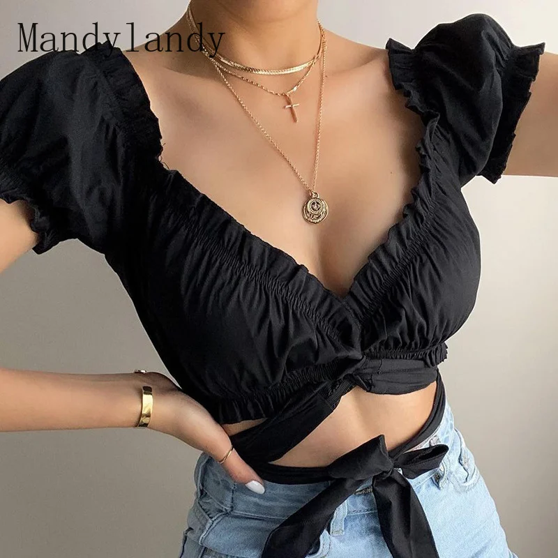 

Mandylandy Women Elegant Summer Bandage Crop Top Shirt Ladies Sexy Short Puff Sleeve Deep V Neck Lace Up Short Shirt