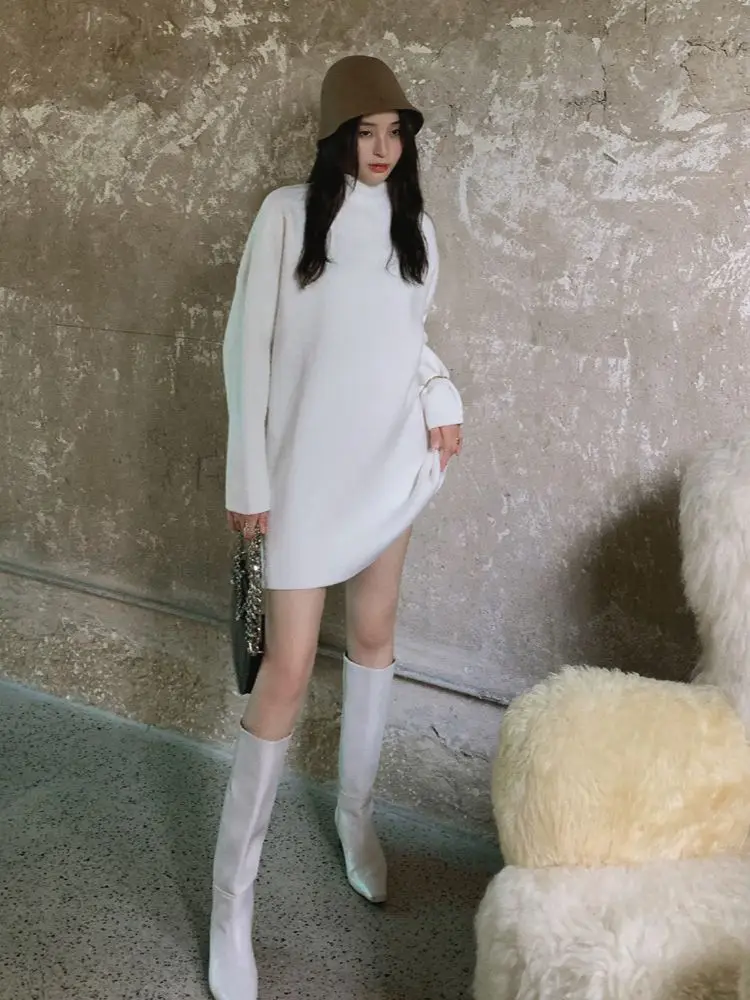 

Осенне-зимнее теплое трикотажное платье для женщин с длинным рукавом и воротником-хомутом