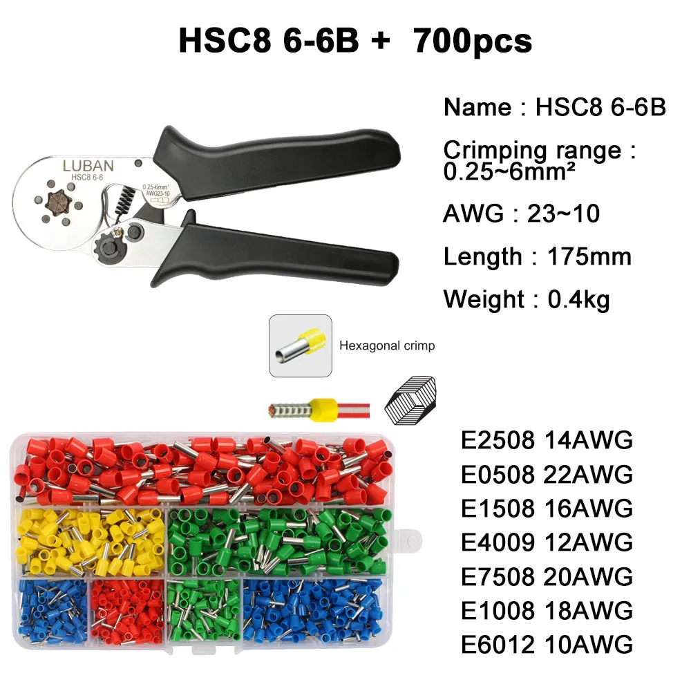 6-6B 700pcs Обжимные инструменты плоскогубцы электрические трубчатые Клеммы Коробка мини зажим HSC8 10SA 0,25-10mm2 23-7AWG 6-4B/6-6 16-4 Наборы инструментов - Цвет: 6-6B 700pcs