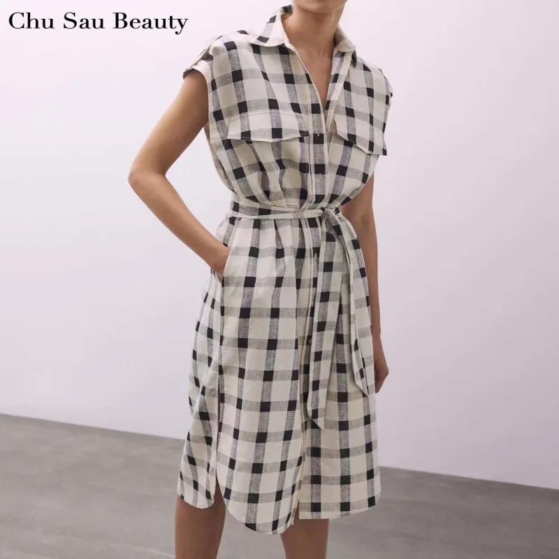 

2021 New Women's Plaid Simple Dress, Lapel Single-Breasted Loose Dress With Belt, Fashionable And Classic Black And White plaid