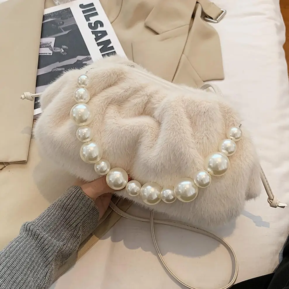 

Elegant Female Pearl Tote bag 2020 Fashion New High quality Soft Plush Women's Designer Handbag Pleated Shoulder Messenger Bag