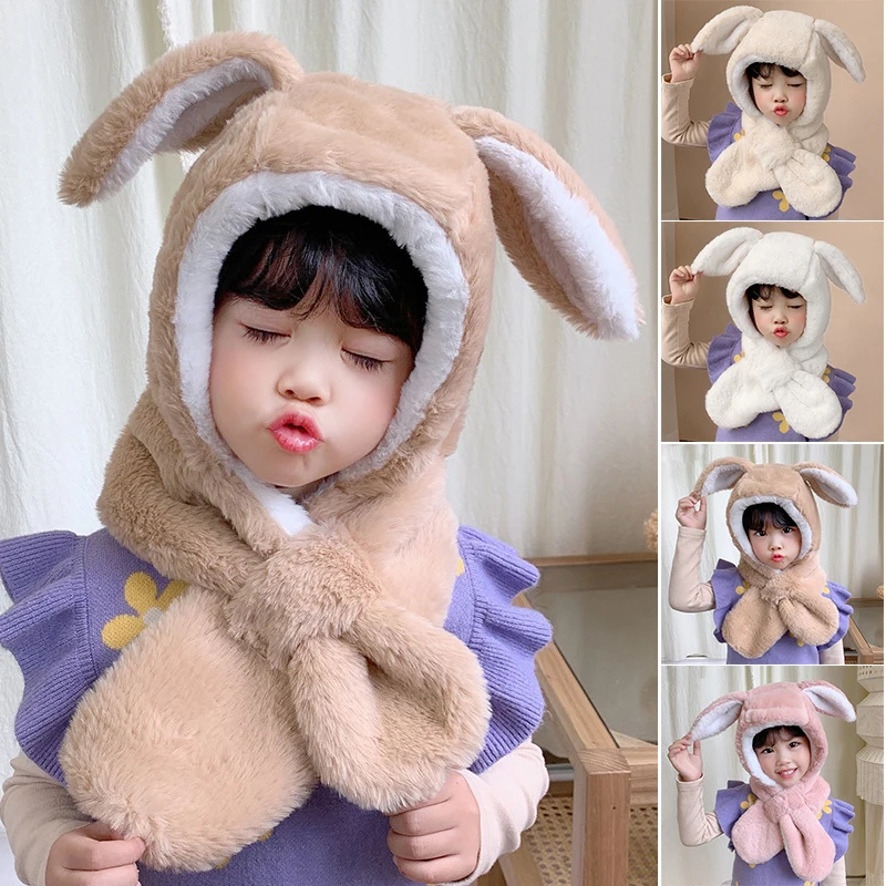 

Thickened Warm Head Hat Children's Scarf Hat Set Plush Ear Cap Cute Cartoon Outerwear Neck Warmers Winter Outdoor Wearing