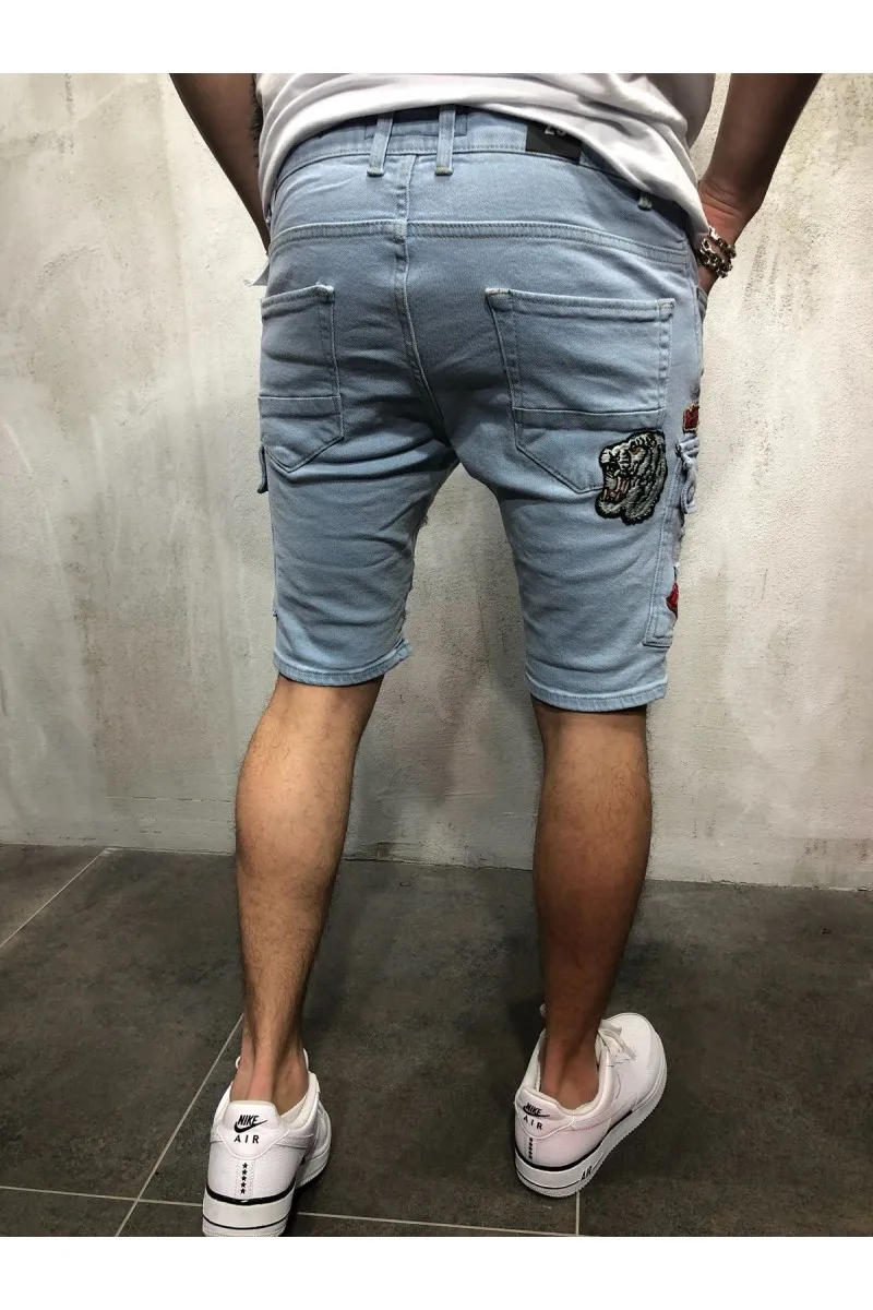 

British style Men's Holes Denim Shorts Men Knee Length Short Multi-Pocket Jeans New Male Straight Denim Shorts Overall Shorts