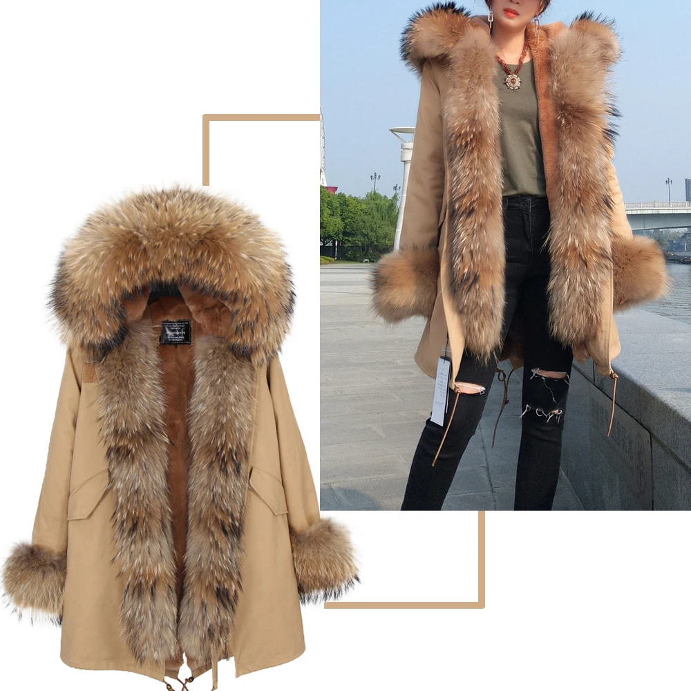 Winter Jacket Women Real Fur Collar Long Parka Waterproof Big Natural Raccoon Fur Collar Outwear Warm Thick Faux Lining ODDFOX
