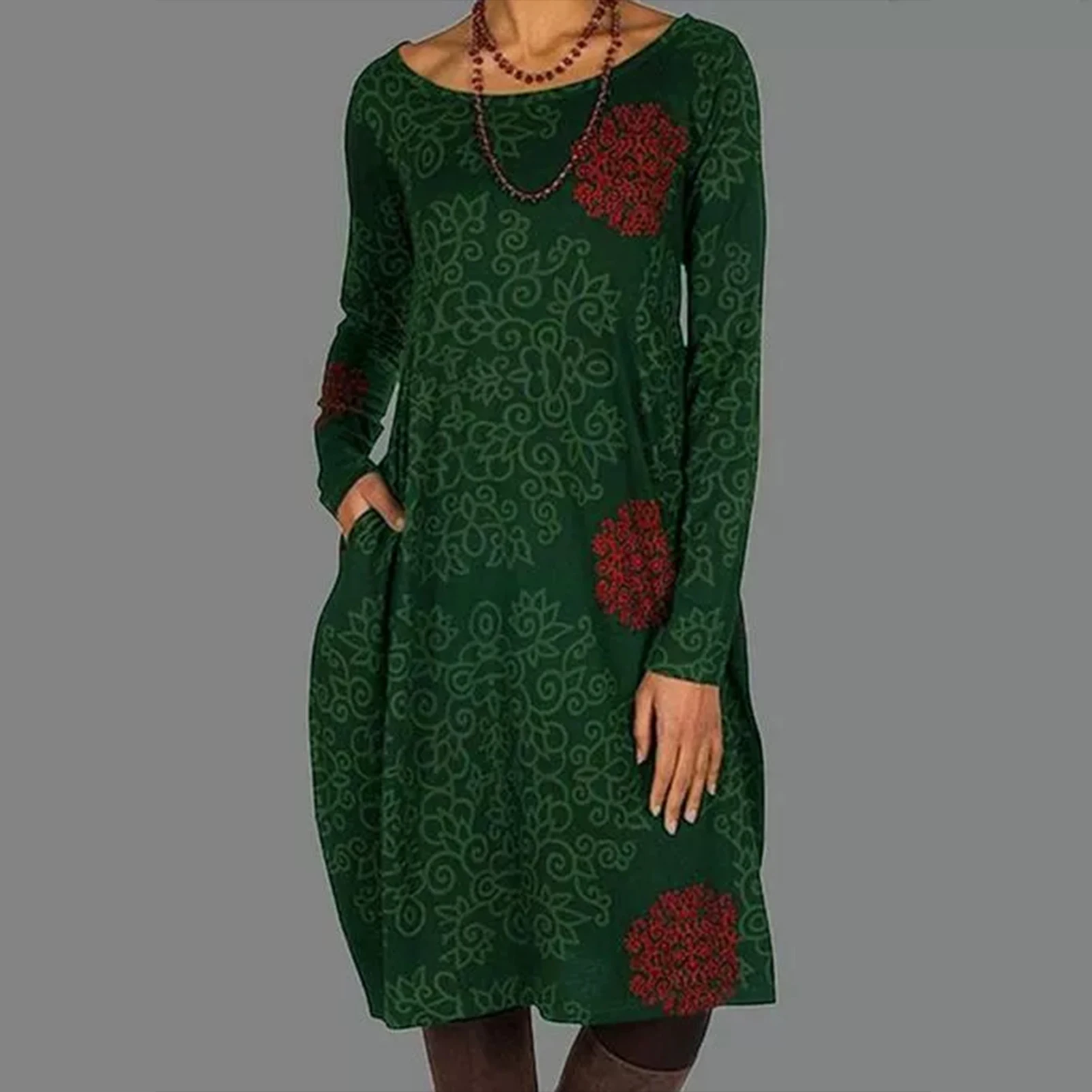 

Party Dress Women Autumn Winter Dress Retro Women Autumn O Neck Long Sleeve Digital Print Loose Knee-length Dress For Women 2021