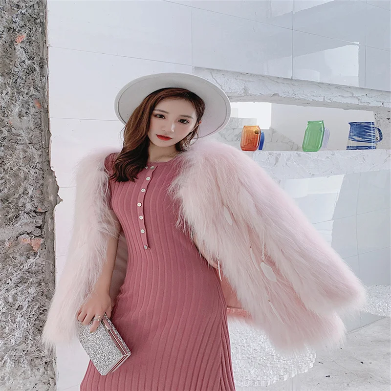 New Winter Warm Leather Coat Raccoon Fur Woven Mid-Length Crystal Pendant Leather Coat Real Raccoon Fur Coat Winter Warm Coat