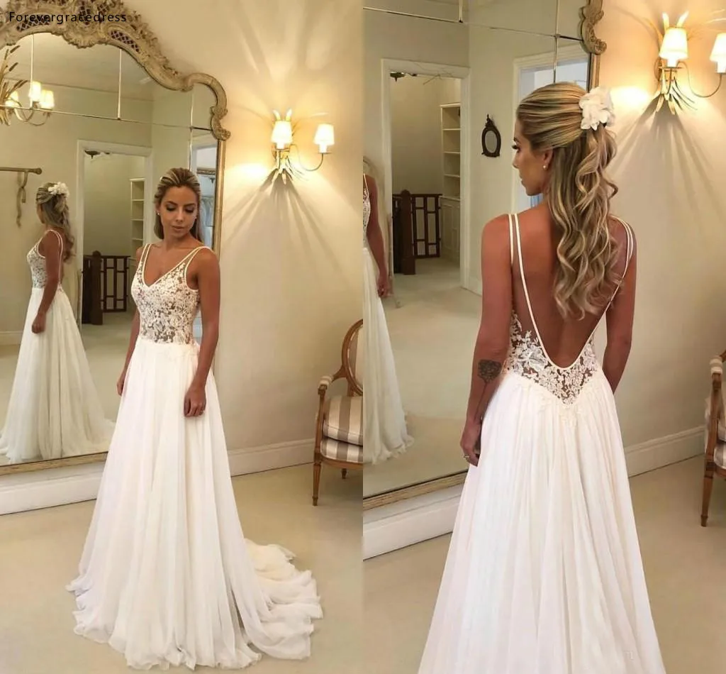 

Boho Backless Wedding Dresses A Line Chiffon V Neck Spaghetti Straps Bridal Gowns Custom Made Plus Size Available