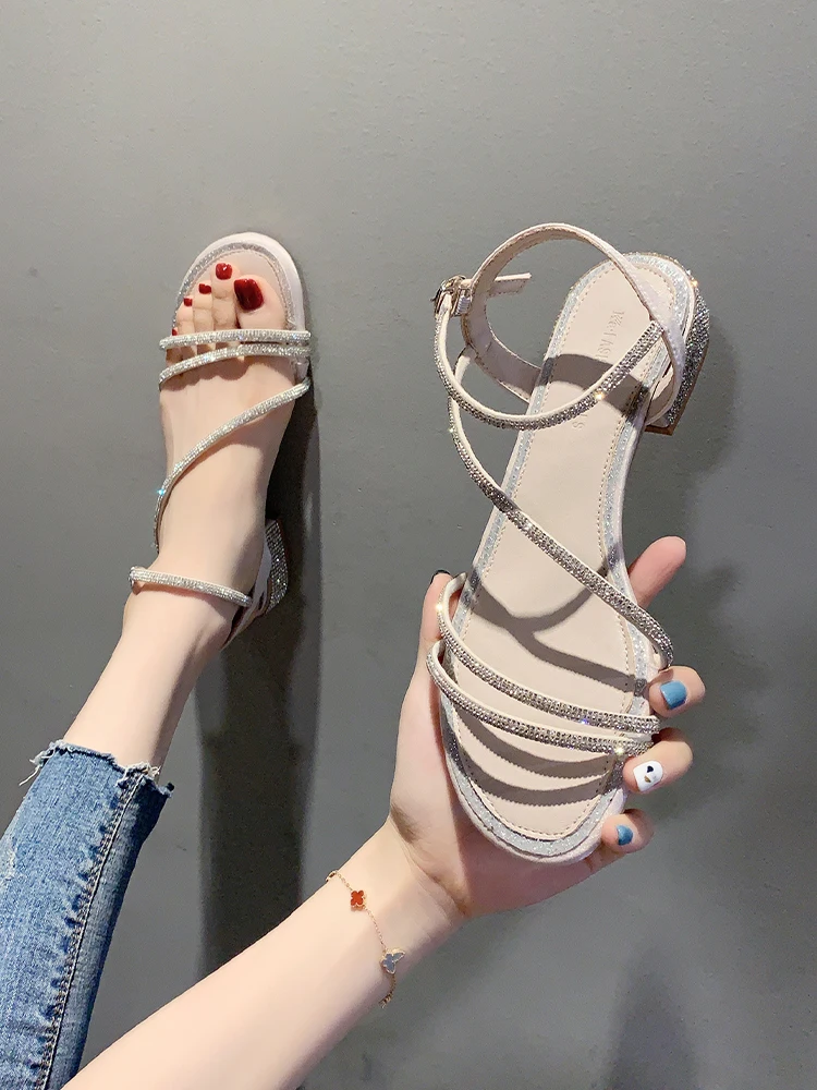 

Beige Heeled Sandals Comfort Shoes for Women Med 2021 Summer Open Toe Buckle Strap All-Match Black High Medium Rhinestone Block