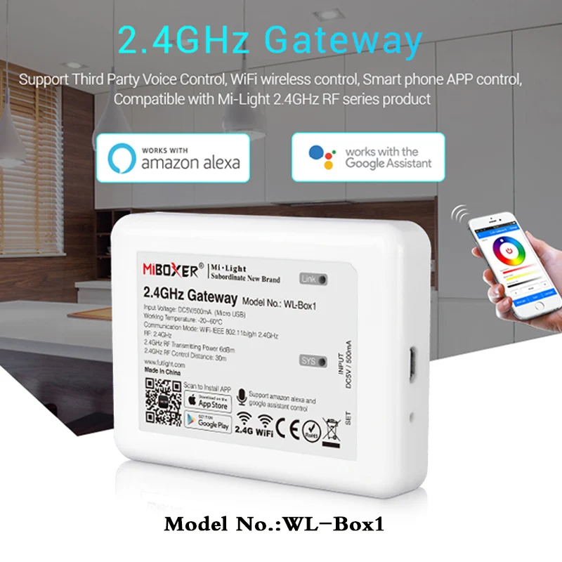 WL-Box1 2.4GHz Gateway wifi Controller can Smart phone APP/alexa/Google Assistant voice control MiBOXER 2.4GHz RF series product