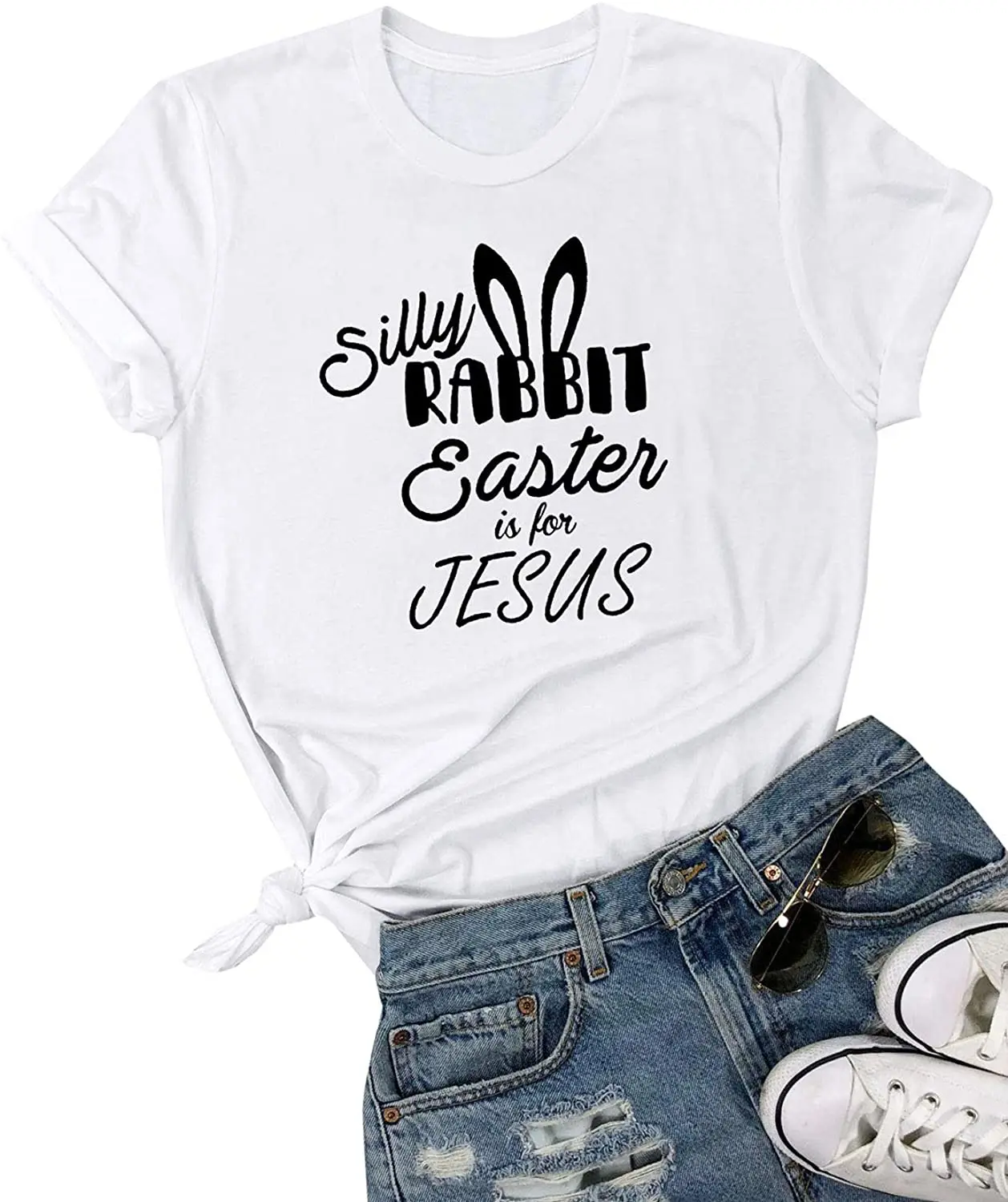 

Women Silly Rabbit Easter is for Jesus Graphic T Shirt Casual Short Sleeve Tops