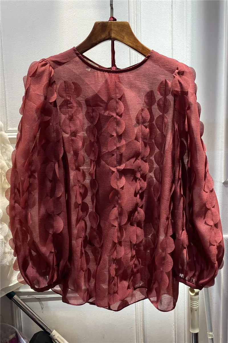 

European new spring 2021 celebrities round collar pure color shirt straight collar patches of decorative silk cotton top