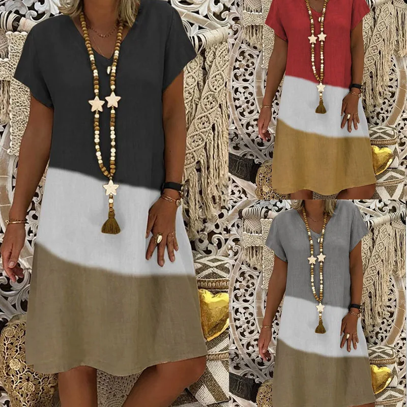 

Women Summer Dress Vintage V-neck Short Sleeve Midi Dress Retro Printed Patchwork Loose Beach Casual Dresses Plus Size 5XL