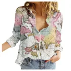 Женский кардиган на пуговицах с принтом карты мира, с отложным воротником и длинным рукавом, свободная повседневная женская одежда, топ в западном стиле из хлопка и льна для девушек