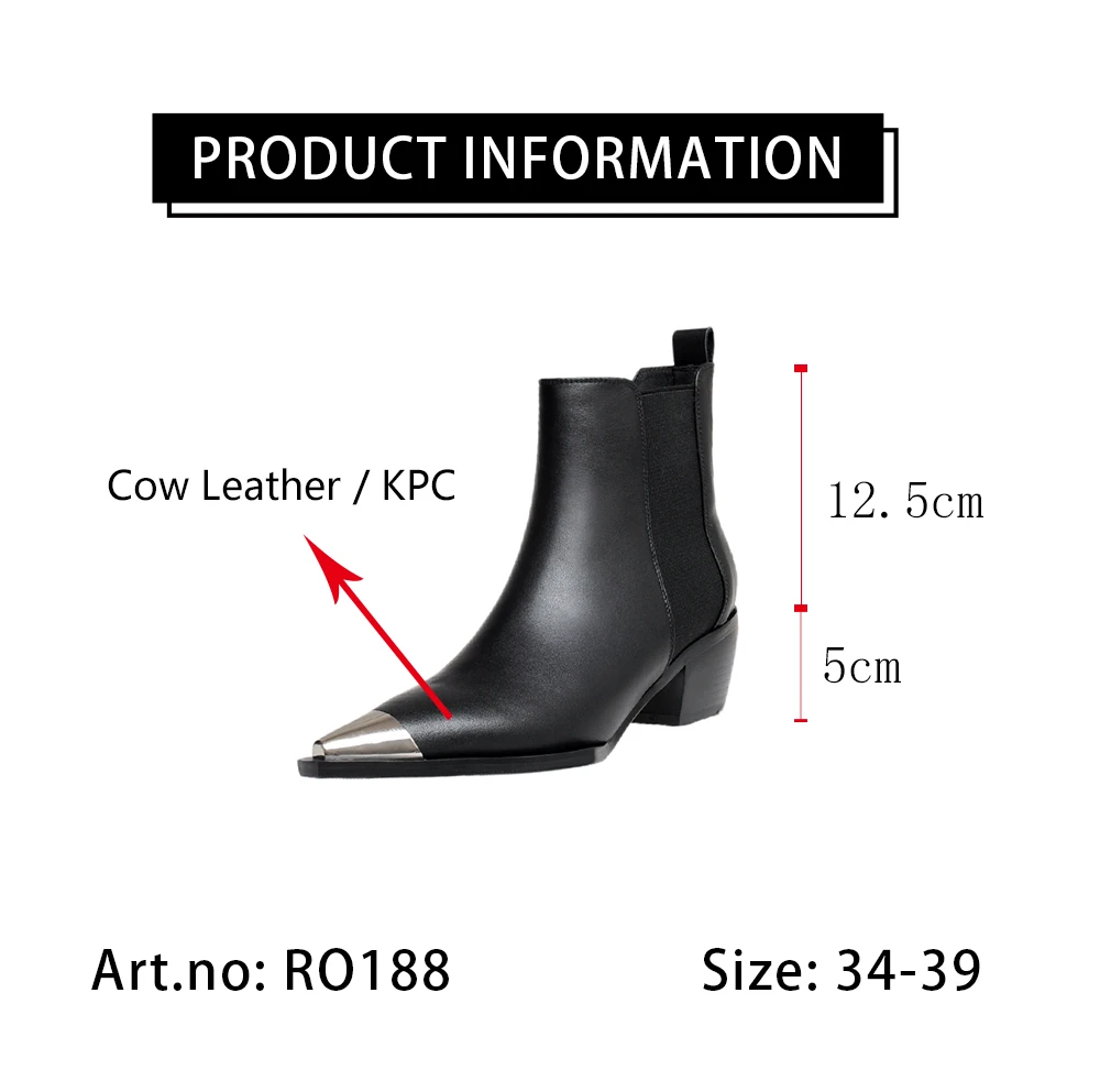

RJN Genuine Leather Solid Womens Ankle Boots Sexy Metal Pointed Toe Square Thick Heel Womens Boots Autumn Ladies Boots RO188