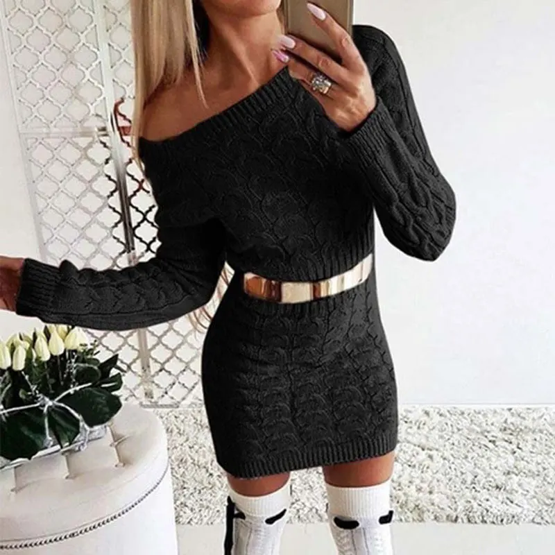 2019 Autumn Long Sweater Dress Women Winter Warm Thicken Off Shoulder Knitted Dresses Ladies | Женская одежда