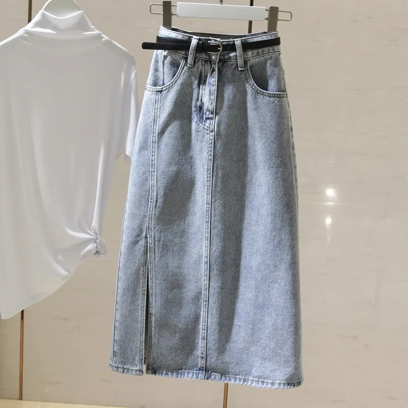 

Винтажная синяя джинсовая юбка с высокой талией и разрезом, Женская Весенняя облегающая Повседневная простая трапециевидная юбка с разрез...