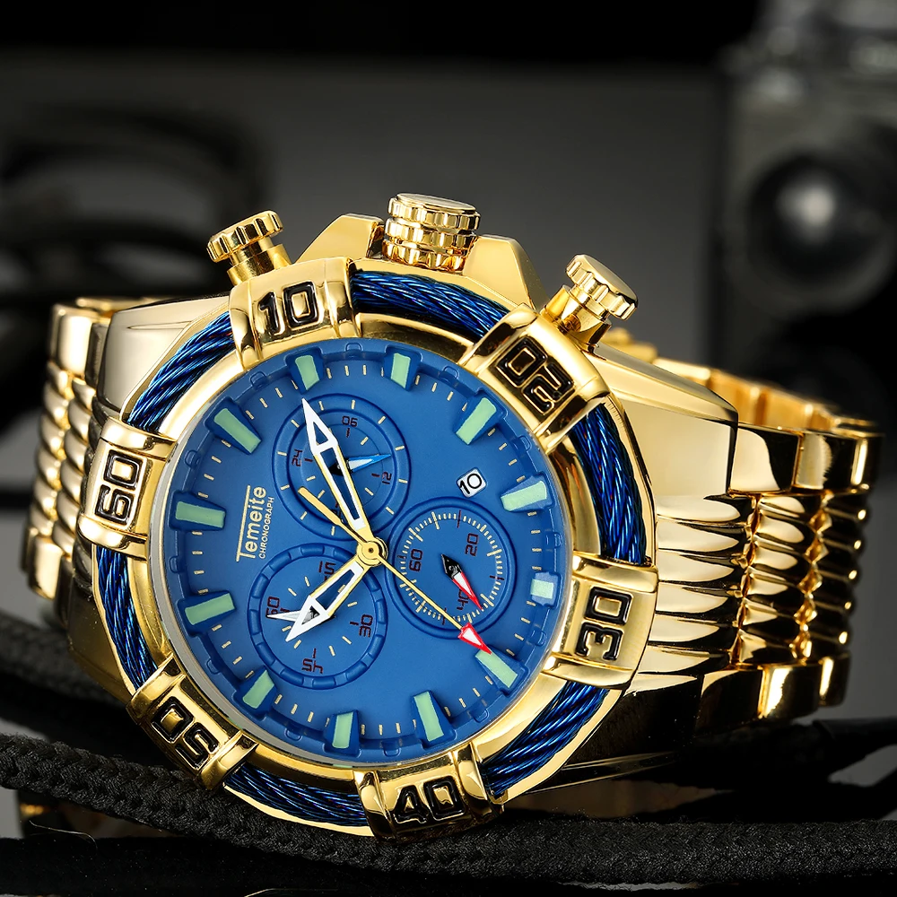 Temeite большой циферблат кварцевые наручные часы золотые синие мужские лучший