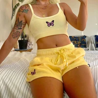 2021 yellow velvet crop top and shorts women 2 pieces set summer embroidery cami drawstring shorts female loungewear suit